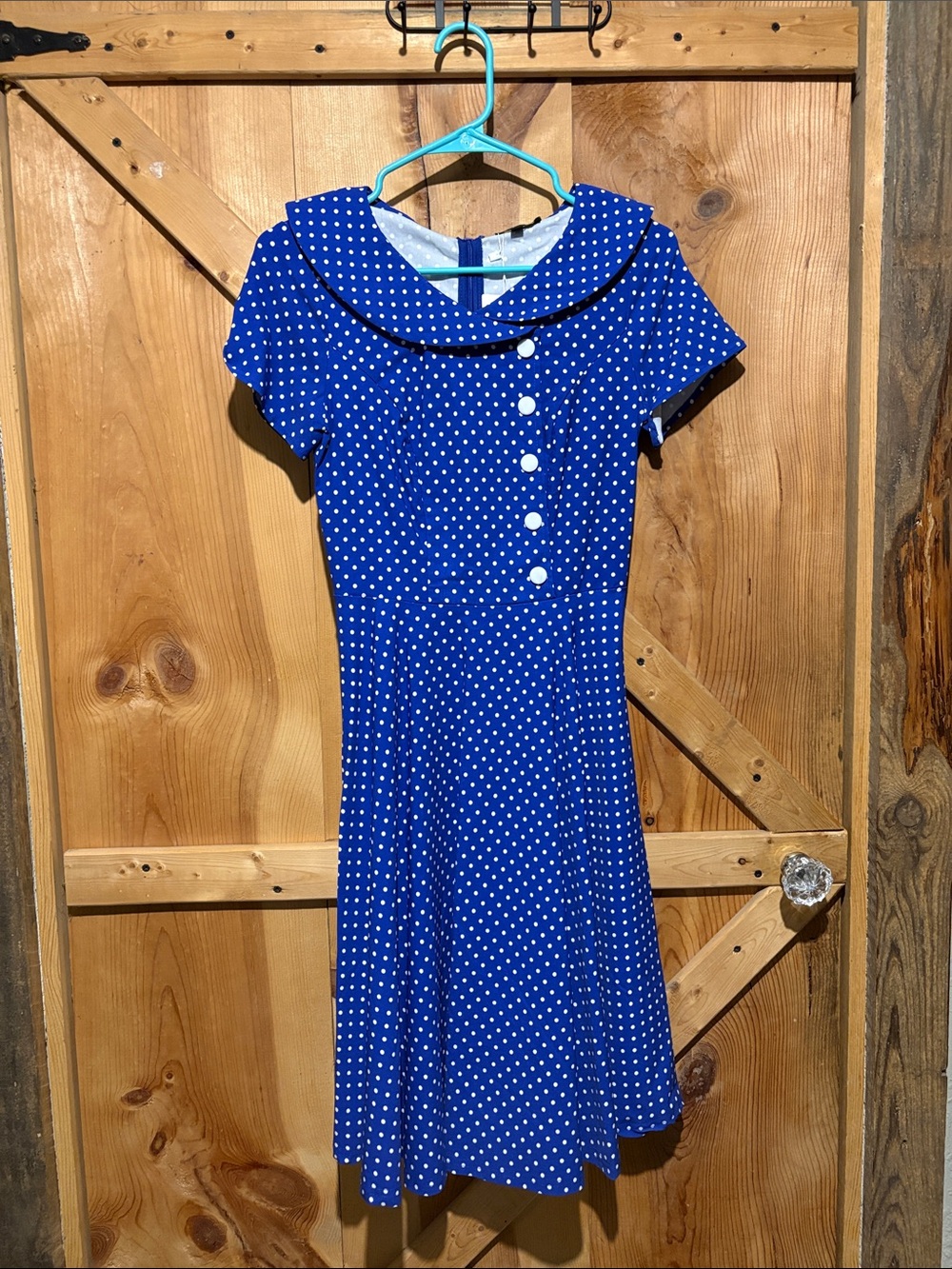 Classic Royal Blue Polka Dot Fit-and-Flare Dress with Peter Pan Collar
